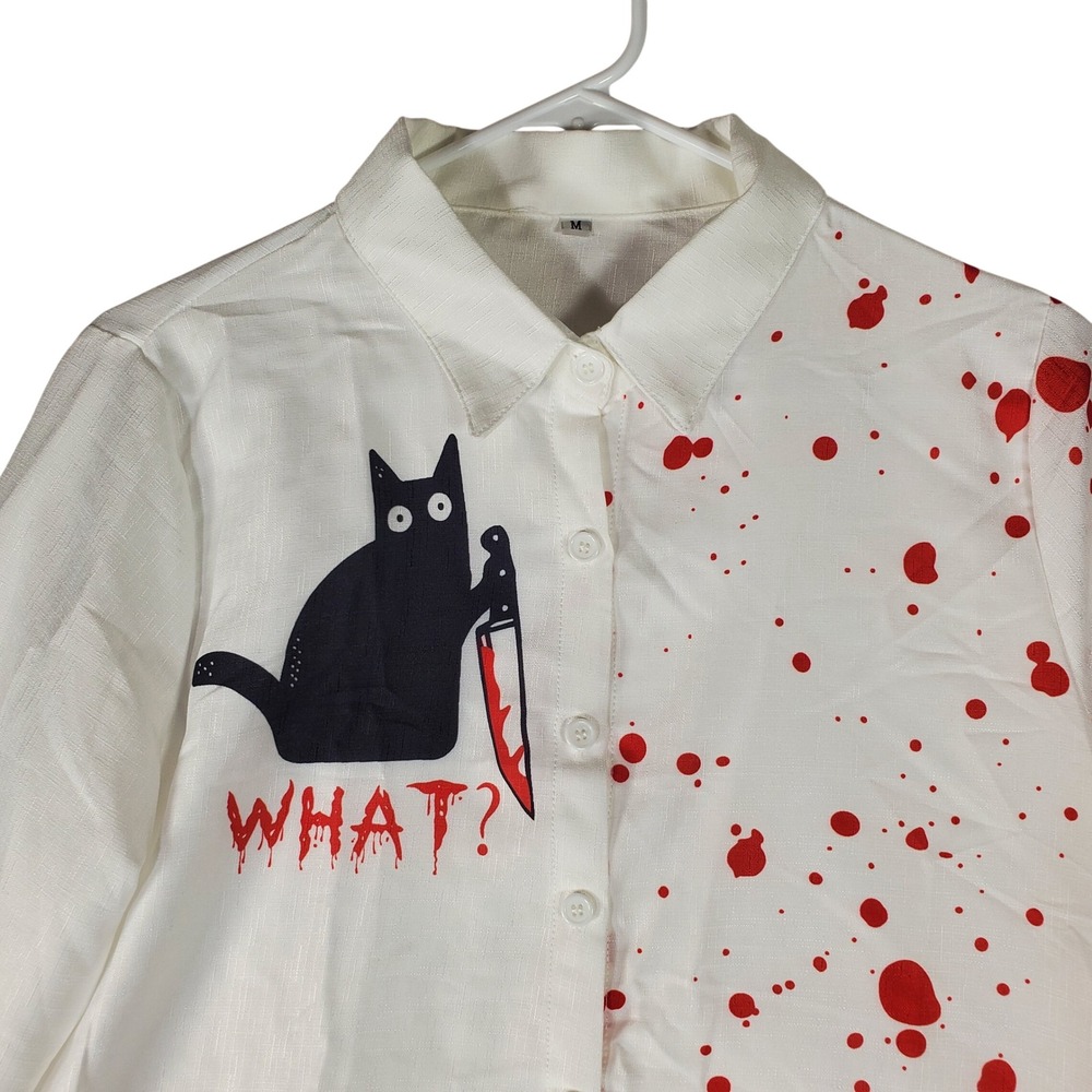 Womens White Cat Bloody Knife Splatter Graphic Button Down Shirt Medium